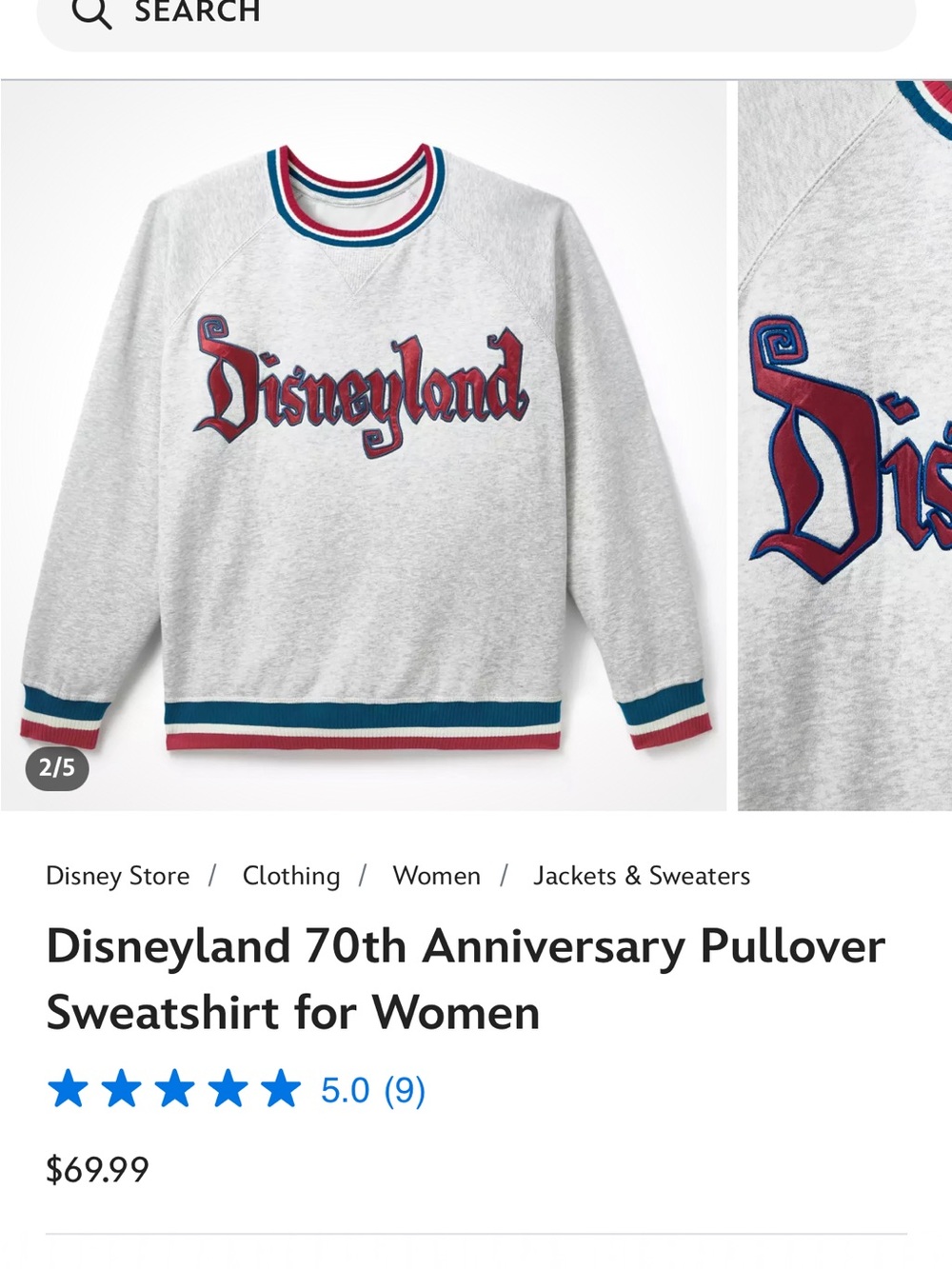 Disneyland Gray Sweatshirt with Navy, Teal, and Red Trim